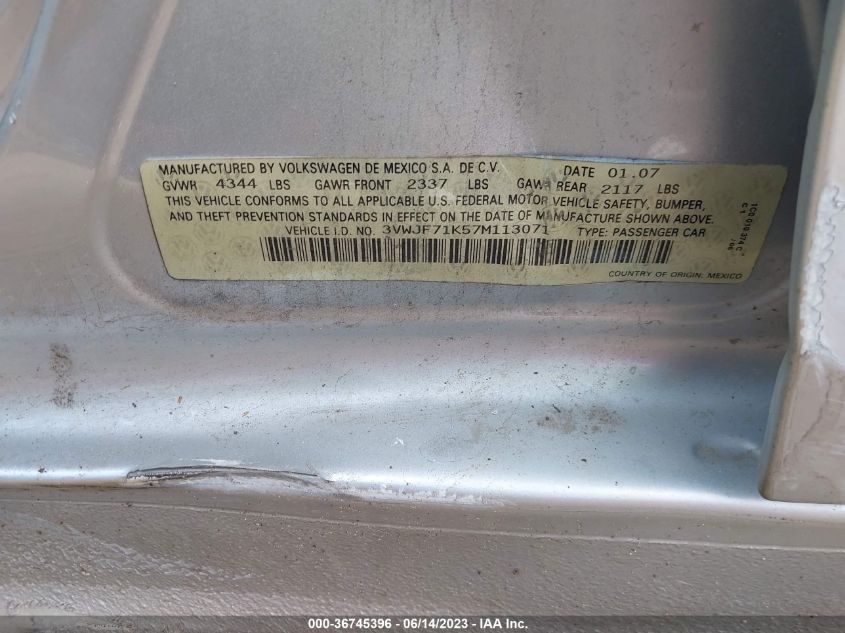 2007 Volkswagen Jetta Sedan 2.5 VIN: 3VWJF71K57M113071 Lot: 36745396