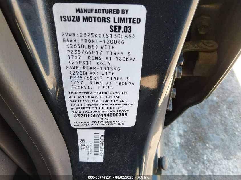 2004 Isuzu Axiom S/Xs VIN: 4S2DE58Y444600386 Lot: 36747281