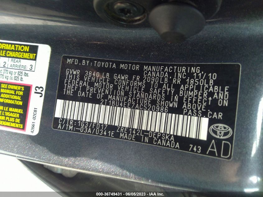 2T1BU4EE7AC520986 2010 Toyota Corolla S