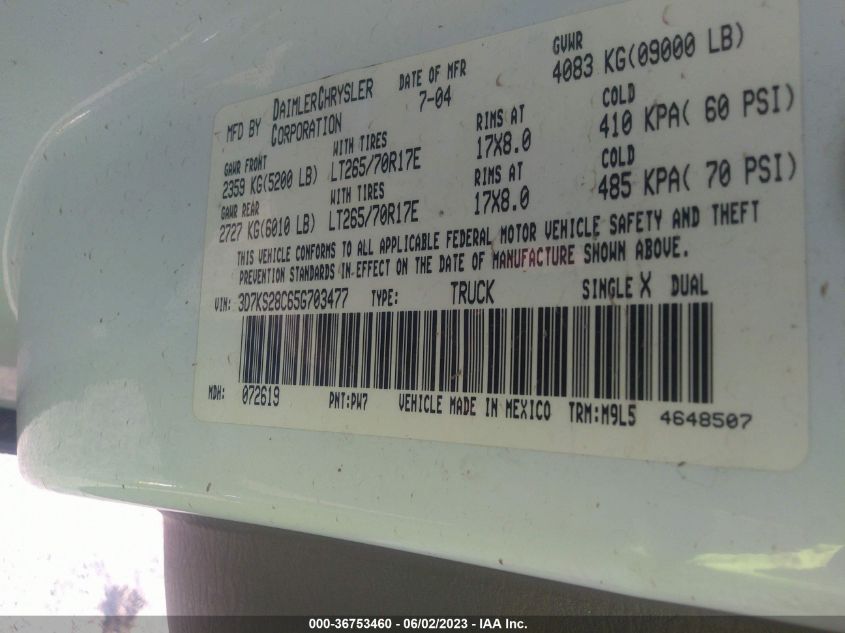 2005 Dodge Ram 2500 Slt VIN: 3D7KS28C65G703477 Lot: 36753460