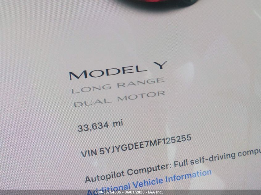 2021 Tesla Model Y Long Range VIN: 5YJYGDEE7MF125255 Lot: 36754335