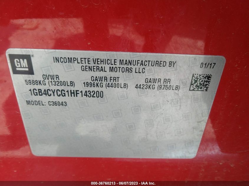 2017 Chevrolet Silverado 3500Hd Chassis Wt VIN: 1GB4CYCG1HF143200 Lot: 36760213