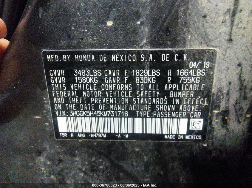 2019 Honda Fit Lx VIN: 3HGGK5H45KM731716 Lot: 36760323