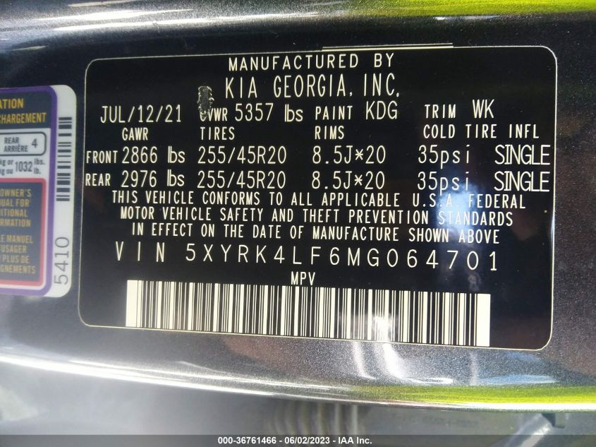 5XYRK4LF6MG064701 2021 Kia Sorento Sx Prestige