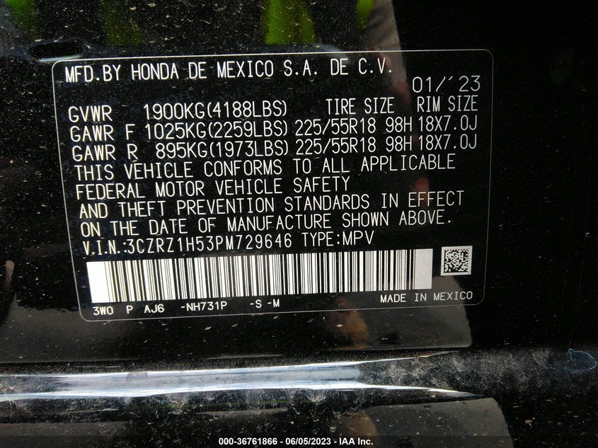 2023 HONDA HR-V VIN: 3CZRZ1H53PM729646