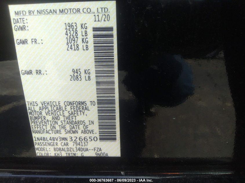 2021 Nissan Altima S Fwd VIN: 1N4BL4BV3MN326650 Lot: 36763687