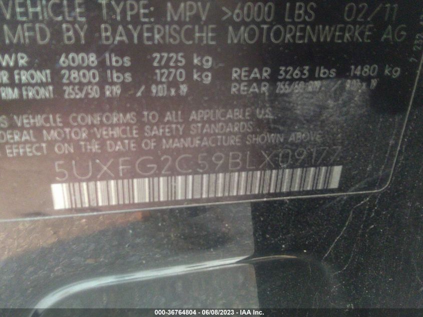 2011 BMW X6 35I VIN: 5UXFG2C59BLX09177 Lot: 36764804