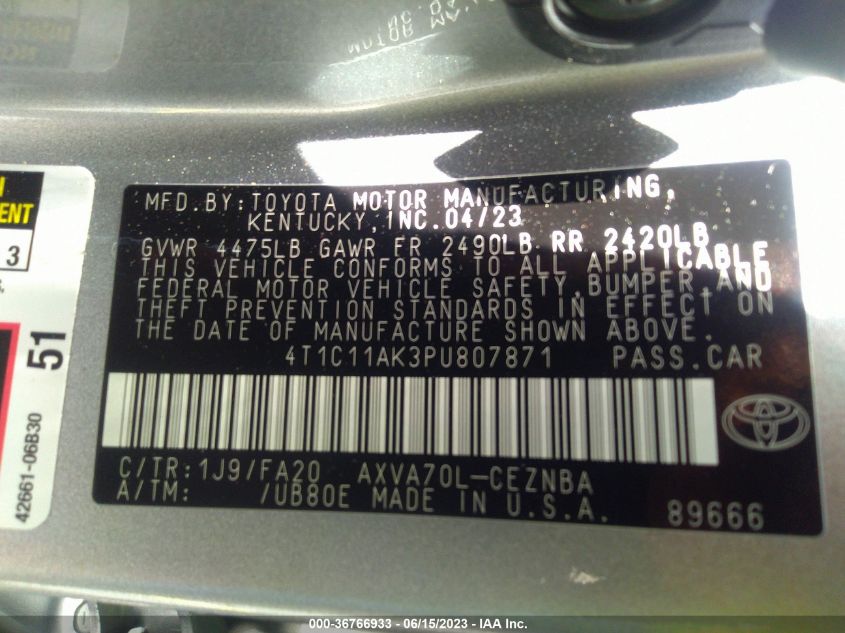 4T1C11AK3PU807871 2023 Toyota Camry Le