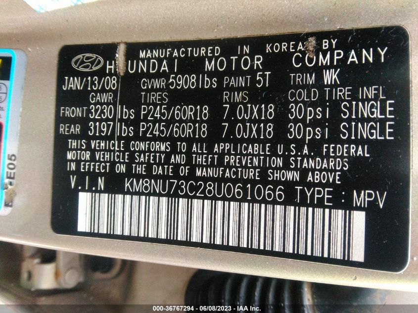 KM8NU73C28U061066 2008 Hyundai Veracruz Limited/Gls/Se