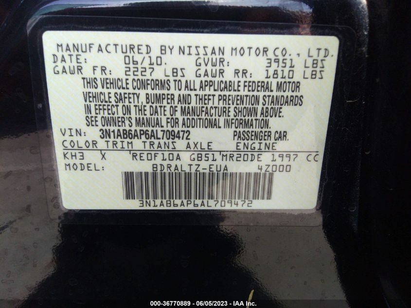 2010 Nissan Sentra 2.0Sr VIN: 3N1AB6AP6AL709472 Lot: 36770889