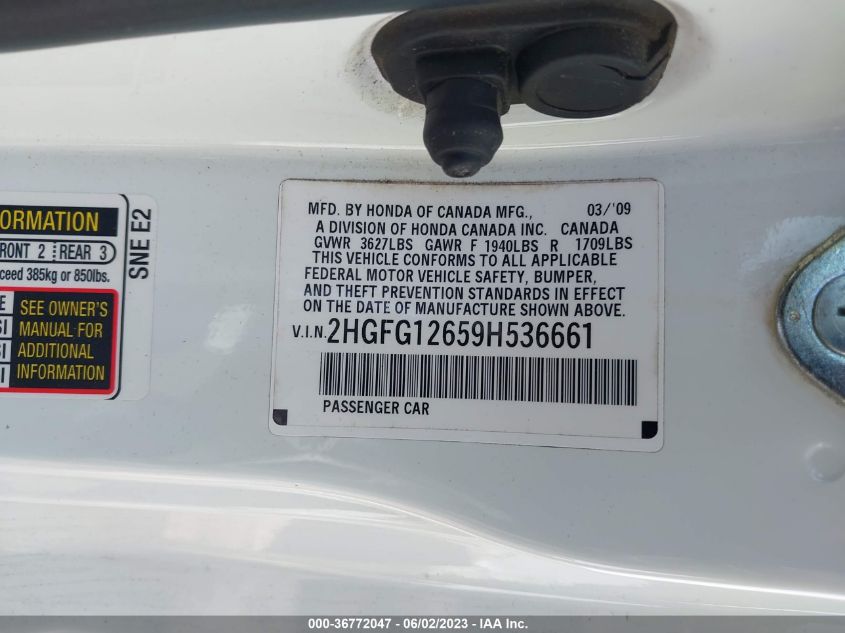 2009 Honda Civic Cpe Lx VIN: 2HGFG12659H536661 Lot: 36772047