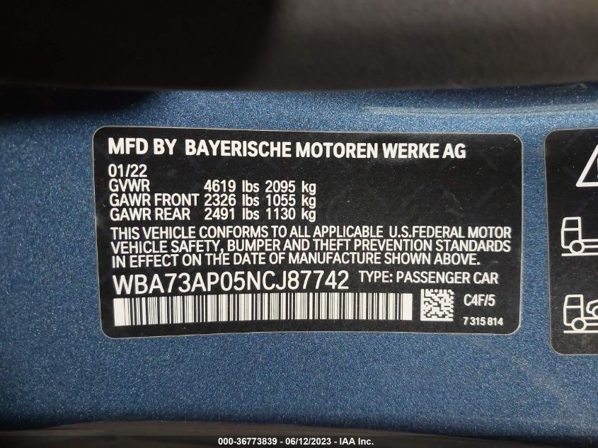 WBA73AP05NCJ87742 2022 BMW 430I xDrive