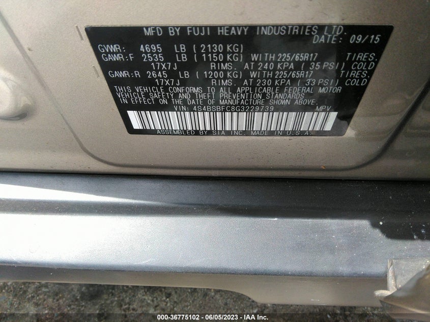 2016 SUBARU OUTBACK VIN: 4S4BSBFC8G3229739