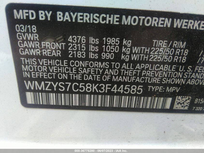 WMZYS7C58K3F44585 2019 Mini Countryman Cooper