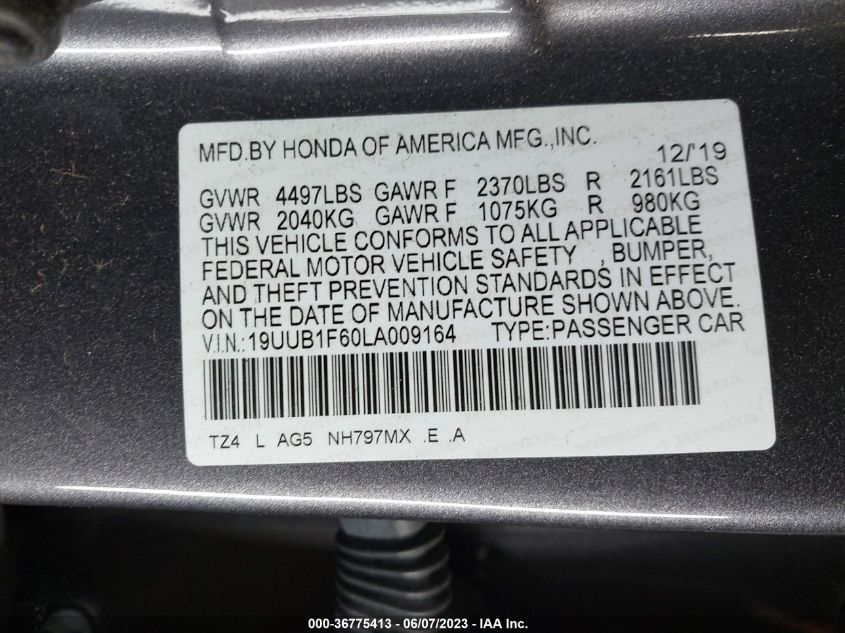 2020 Acura Tlx A-Spec/A-Spec W/Red Leather VIN: 19UUB1F60LA009164 Lot: 36775413