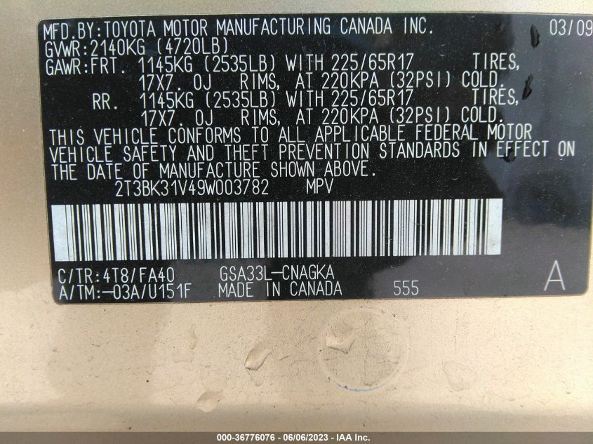 2009 Toyota Rav4 Ltd VIN: 2T3BK31V49W003782 Lot: 36776076