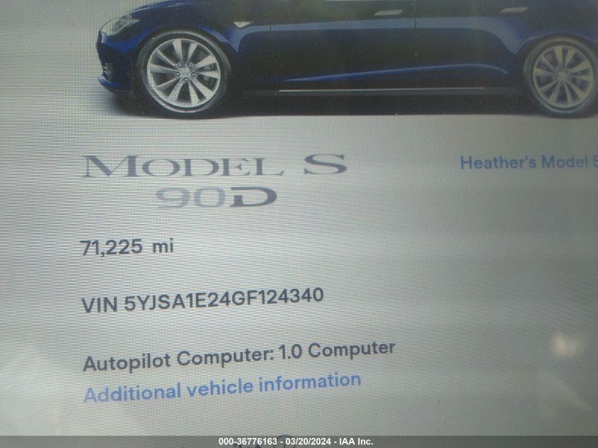 2016 Tesla Model S VIN: 5YJSA1E24GF124340 Lot: 36776163