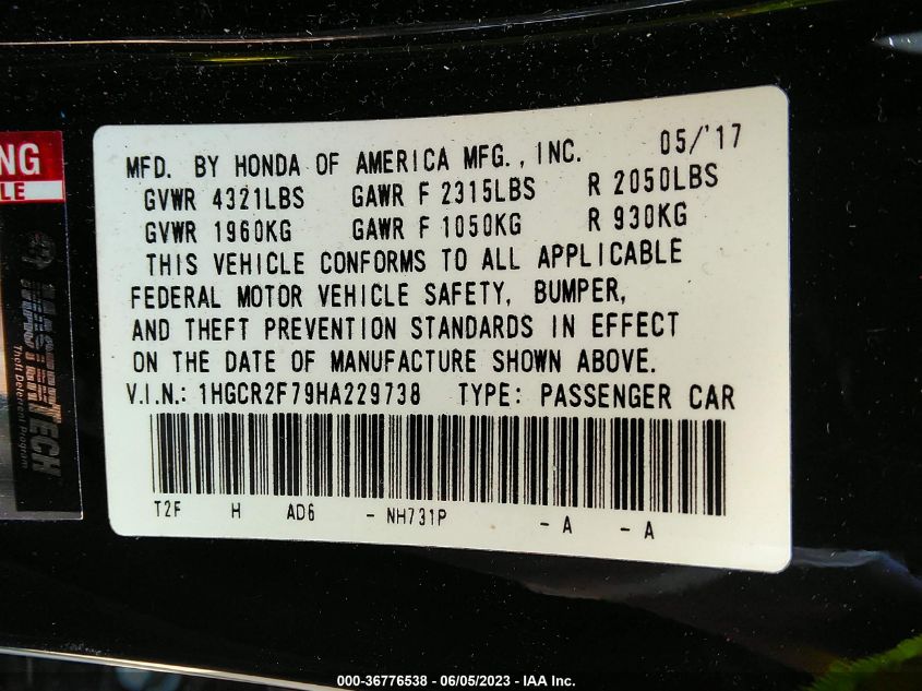 2017 Honda Accord Ex VIN: 1HGCR2F79HA229738 Lot: 36776538