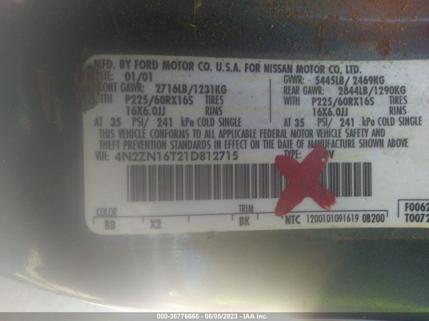 4N2ZN16T21D812715 2001 Nissan Quest Se