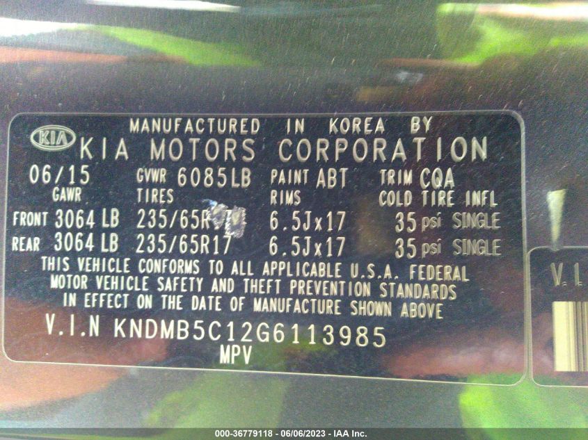 2016 Kia Sedona Lx VIN: KNDMB5C12G6113985 Lot: 36779118