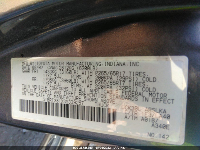 2003 Toyota Tundra Ltd VIN: 5TBRT381X3S339257 Lot: 36784697
