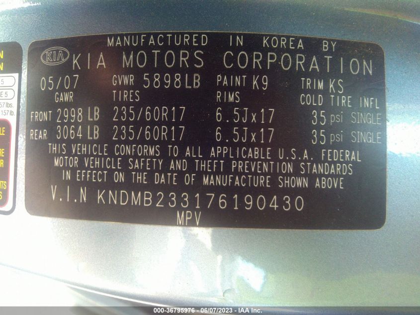 2007 Kia Sedona Ex VIN: KNDMB233176190430 Lot: 36795976