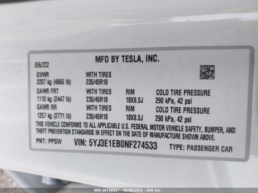 2022 Tesla Model 3 Long Range Dual Motor All-Wheel Drive VIN: 5YJ3E1EB0NF274533 Lot: 36798927