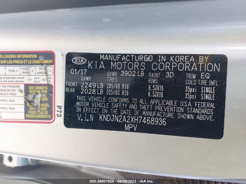 2017 Kia Soul Base VIN: KNDJN2A2XH7468936 Lot: 36801928