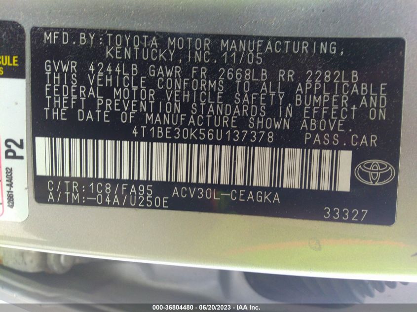 4T1BE30K56U137378 2006 Toyota Camry Xle