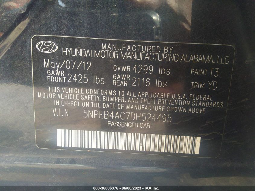 5NPEB4AC7DH524495 2013 Hyundai Sonata Gls