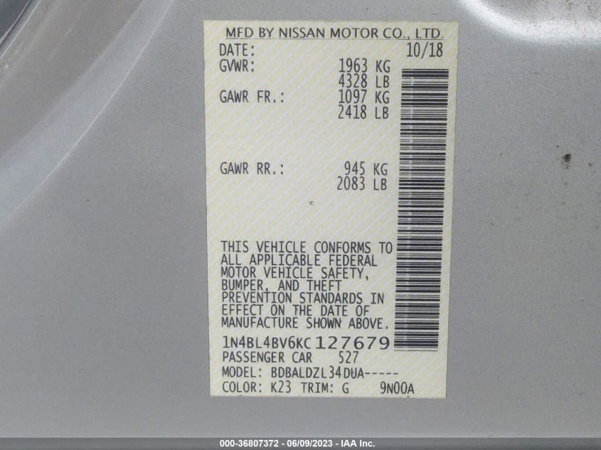 1N4BL4BV6KC127679 2019 Nissan Altima 2.5 S