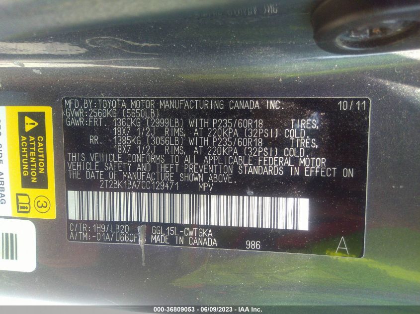 2012 Lexus Rx 350 VIN: 2T2BK1BA7CC129471 Lot: 36809053