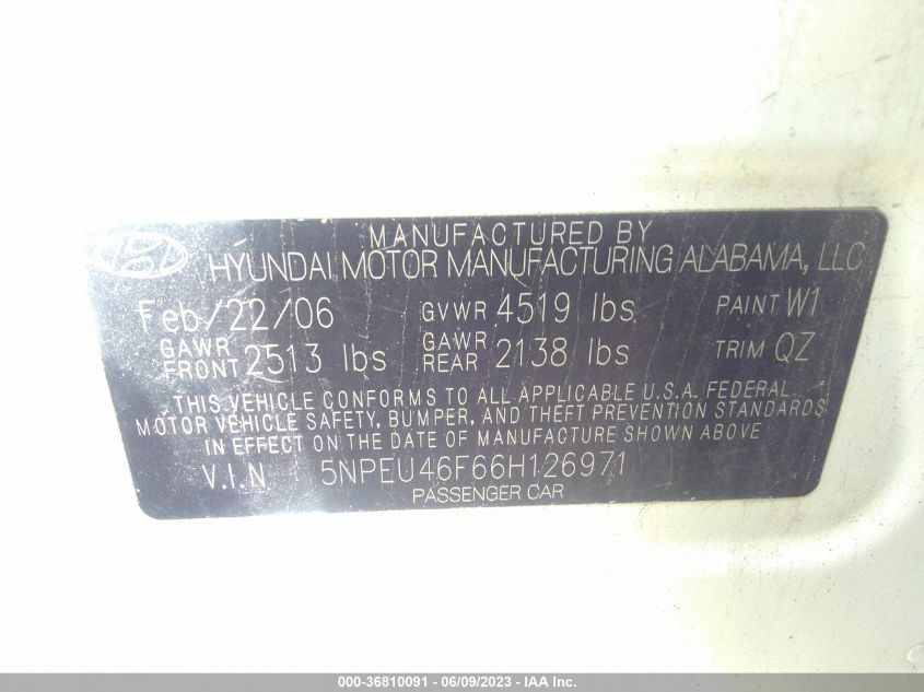 5NPEU46F66H126971 2006 Hyundai Sonata