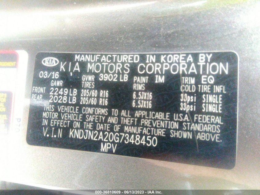 2016 Kia Soul Base VIN: KNDJN2A20G7348450 Lot: 36810609