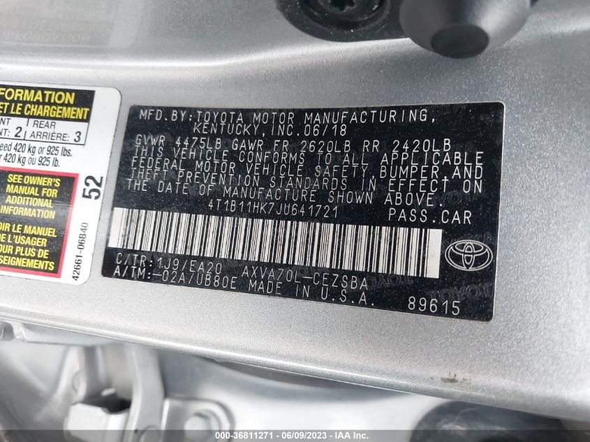 4T1B11HK7JU641721 2018 Toyota Camry Se