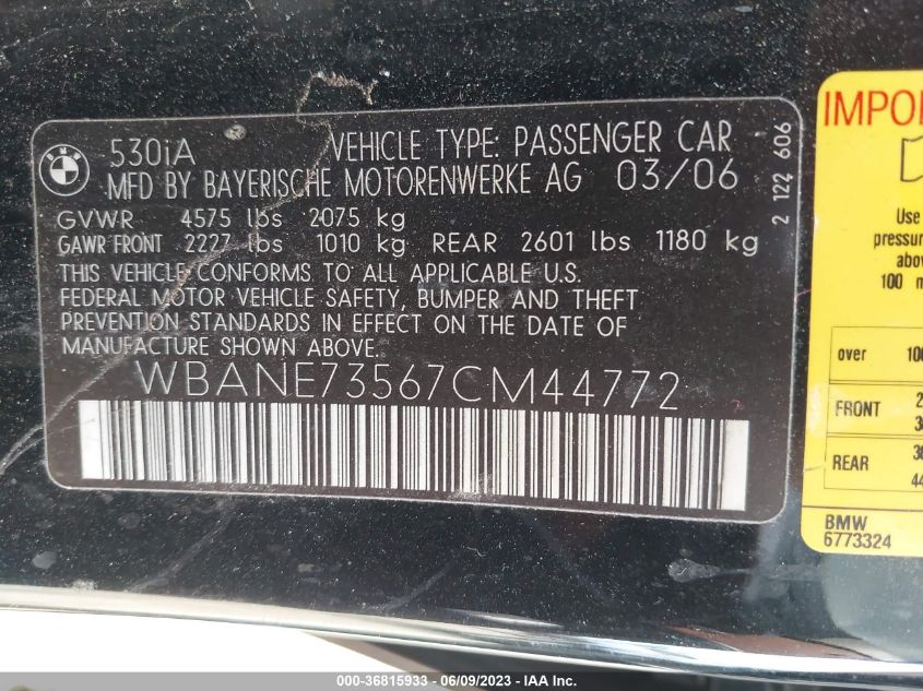 2007 BMW 5 Series 530I VIN: WBANE73567CM44772 Lot: 36815933