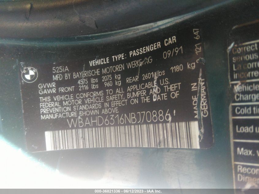 1992 BMW 525 I Automatic VIN: WBAHD6316NBJ70886 Lot: 36821336