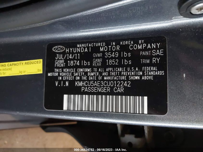 KMHCU5AE3CU012242 2012 Hyundai Accent Se