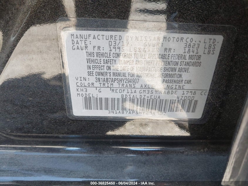 2017 Nissan Sentra Sv VIN: 3N1AB7AP5HY294907 Lot: 36825450