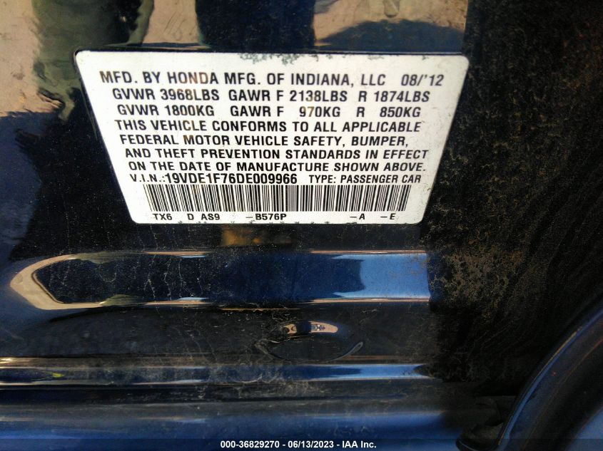 2013 Acura Ilx 2.0L VIN: 19VDE1F76DE009966 Lot: 36829270