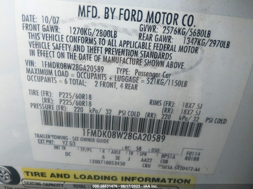 2008 Ford Taurus X Eddie Bauer VIN: 1FMDK08W28GA20589 Lot: 36831476