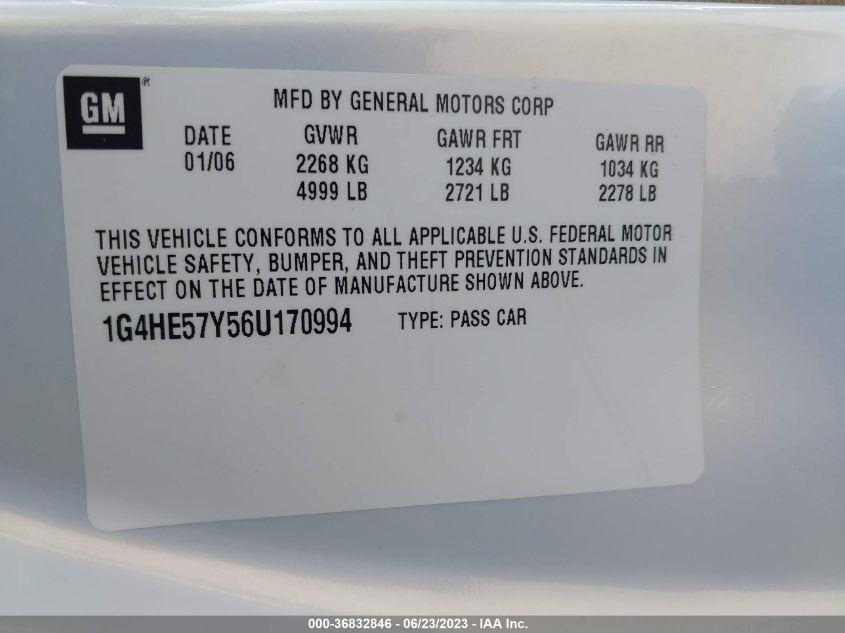 2006 Buick Lucerne Cxs VIN: 1G4HE57Y56U170994 Lot: 36832846