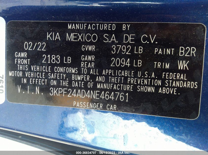 2022 Kia Forte Lxs VIN: 3KPF24AD4NE464761 Lot: 36834707