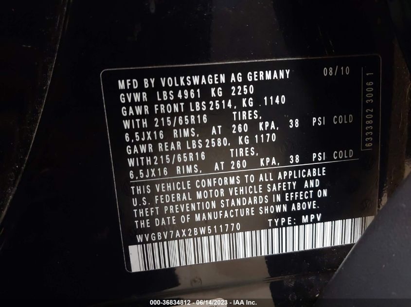 2011 Volkswagen Tiguan S VIN: WVGBV7AX2BW511770 Lot: 36834812