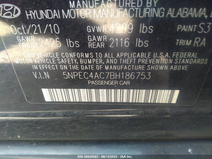 2011 Hyundai Sonata Limited VIN: 5NPEC4AC7BH186753 Lot: 36835053