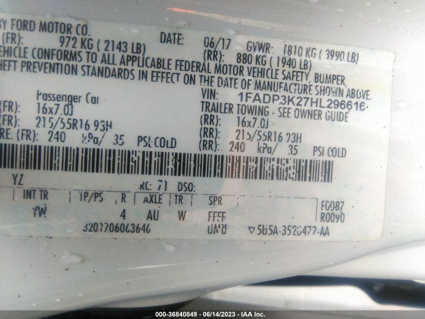 1FADP3K27HL296616 2017 Ford Focus Se