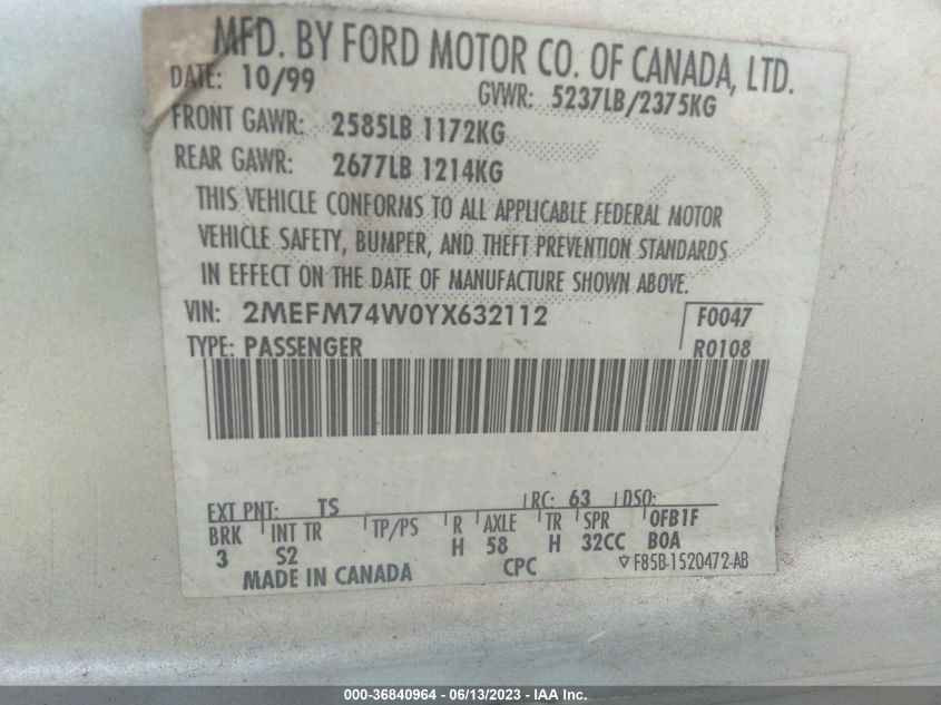 2MEFM74W0YX632112 2000 Mercury Grand Marquis Gs