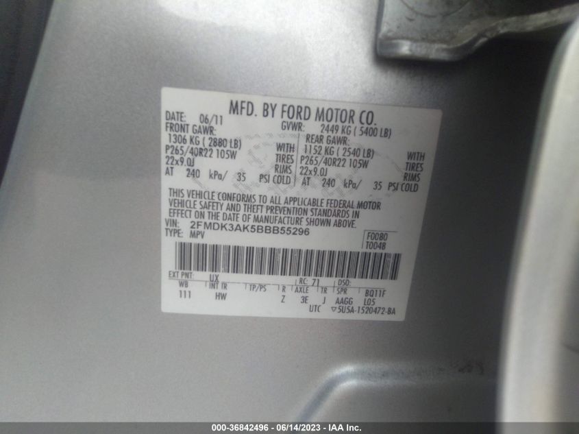 2011 Ford Edge Sport VIN: 2FMDK3AK5BBB55296 Lot: 36842496