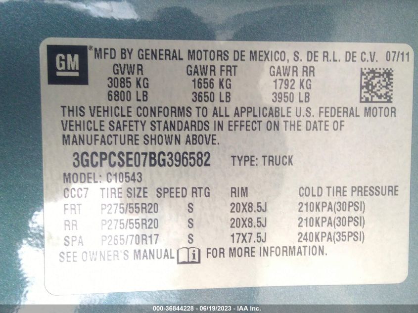 2011 Chevrolet Silverado 1500 Lt VIN: 3GCPCSE07BG396582 Lot: 36844228