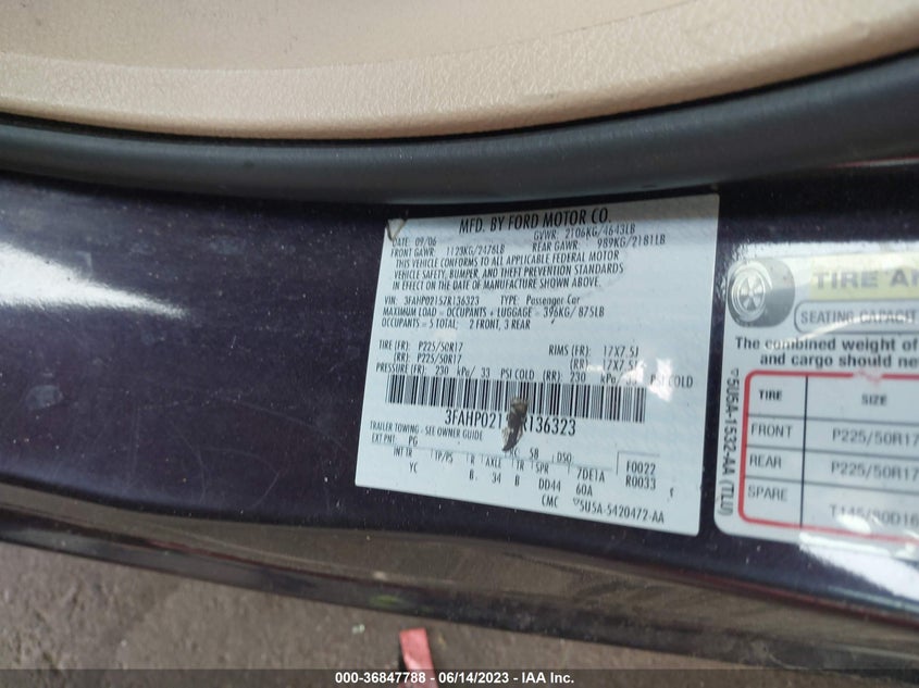 2007 Ford Fusion Sel VIN: 3FAHP02157R136323 Lot: 36847788